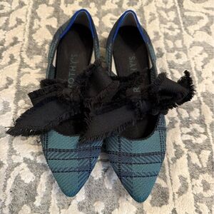 Rothy's Women's Checkered Pointy Mary Jane Flats in Green and Black with Ribbon